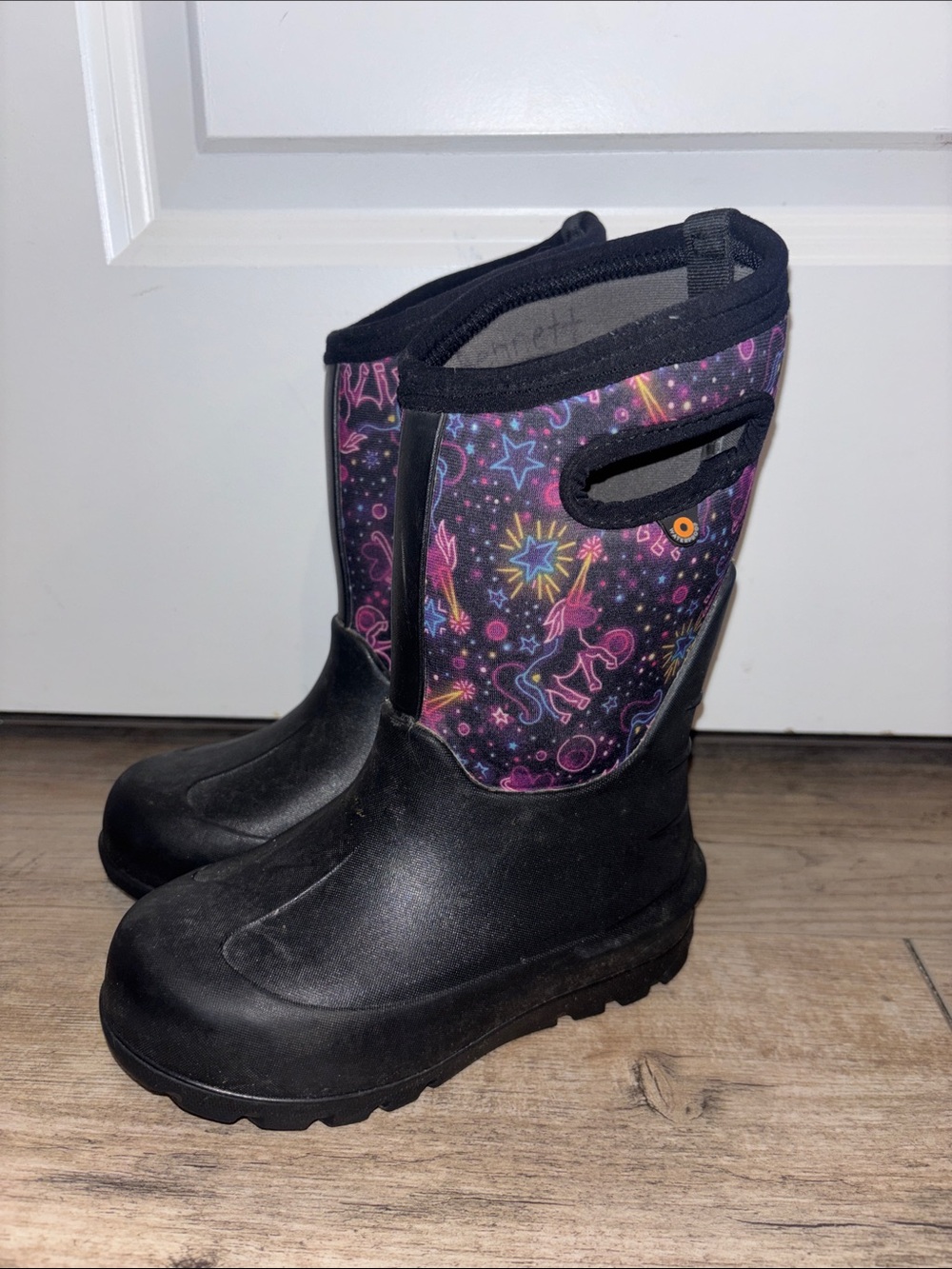 Bogs Kids Waterproof Pull-On Boots with Unicorn Print - Black & Purple Size 11